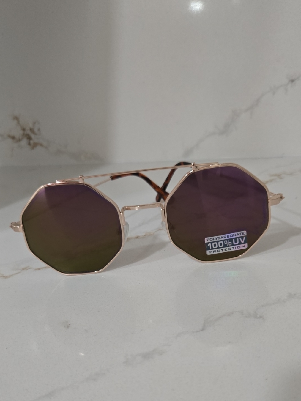 Octagonal Rose Gold Frame Sunglasses with Purple Tint